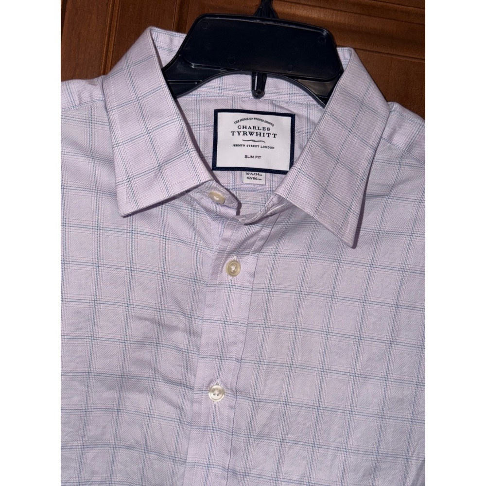 Charles Tyrwhitt Mens 16.5X34 Slim Fit Windowpane Dress Shirt Lavender Blue